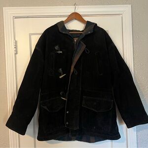 Adventure Bound Wilson Leather Chore Barn Coat Mens XL Black Full Zip Hooded 90s
